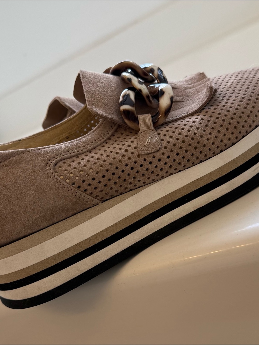 Platform Perforated Slip-On Loafer with Tortoiseshell Chain - Taupe